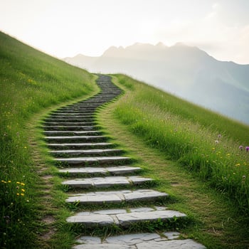 A Winding Stone Staircase Ascends a Lush Meadow Toward Misty Mountain Peaks photo