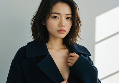 Young woman posing in dark coat in studio with neutral background for fashion uses photo