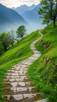 Ancient Stone Steps Ascending a Verdant Hillside Toward Layered Blue Mountains photo