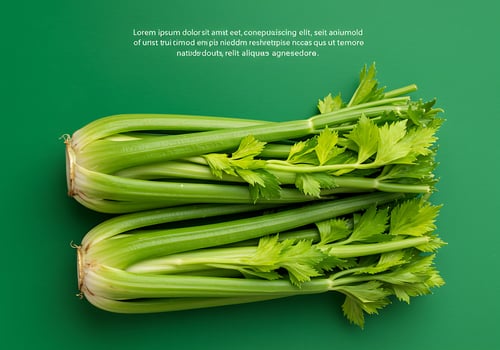Fresh celery on green background top view photo
