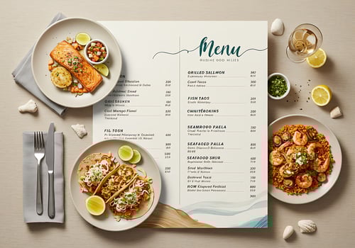A menu with food on it and a glass of wine photo