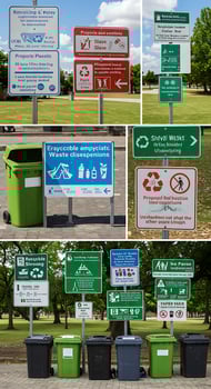 A collage of different signs and trash cans photo