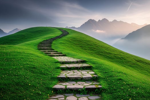 Stone Pathway Ascending Verdant Hill Towards Distant Mountain Peaks Under Cloudy Sky photo