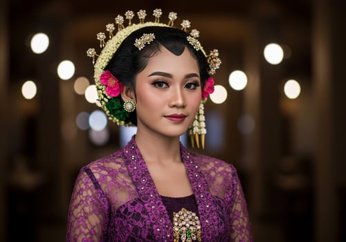 Young woman wearing traditional wedding attire in building for Indonesian wedding event photo