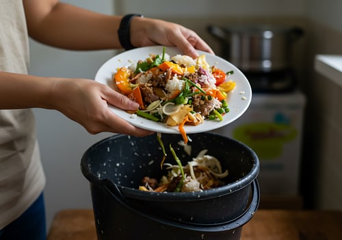 A person holding a plate of food over a trash can photo