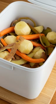 A white container with potatoes and carrots in it photo