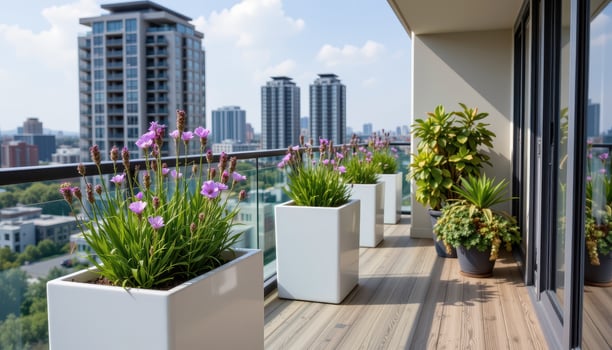 a high rise balcony with tinted glass rail, holding sleek white planters filled with lavender and succulents. photo