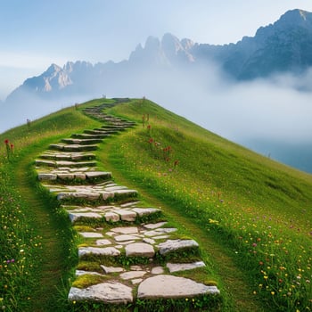 Ancient Stone Steps Climbing a Verdant Hill to a Misty Mountain Vista photo