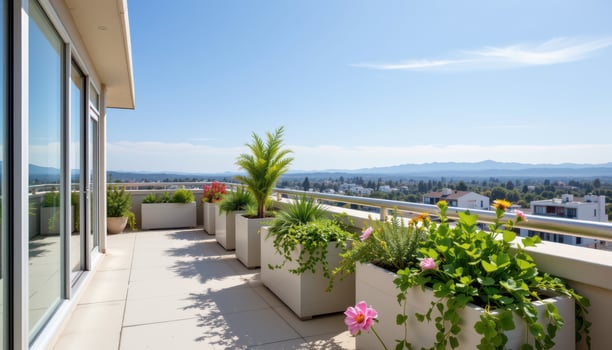 a sunny rooftop balcony with reflective rail and shadowed planters full of structured succulents and creeping ivy. photo