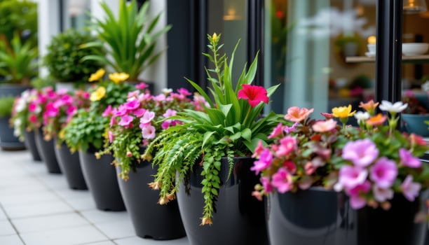 glossy black pots with architectural foliage and accent flowers arranged neatly along a modern balcony. photo