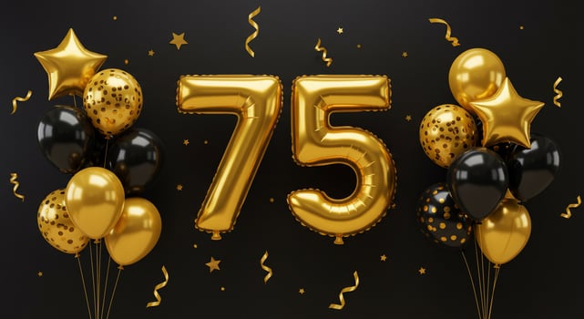Golden balloons and the number 75 on a black background photo