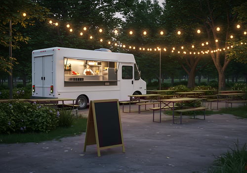 A food truck parked in a park with tables and chairs photo
