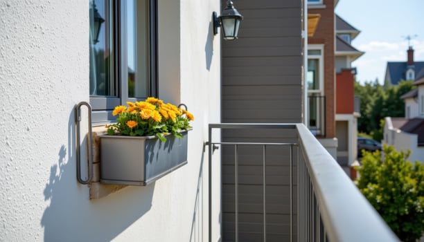 a narrow modern balcony with clean lined railing and matching metallic rail hung flower boxes. photo