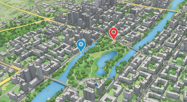 3D City Map with GPS Location Pins in a Park and Urban Area photo