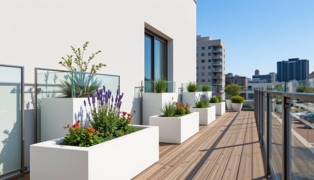 a minimalist urban balcony featuring sleek glass railings with white rectangular planters filled with lavender, sage, and small succulents under a clear blue sky. photo