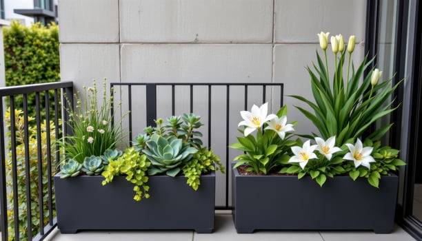 a modern balcony with black metal railings and symmetrical planters filled with structured succulents and white lilies against a concrete wall backdrop. photo