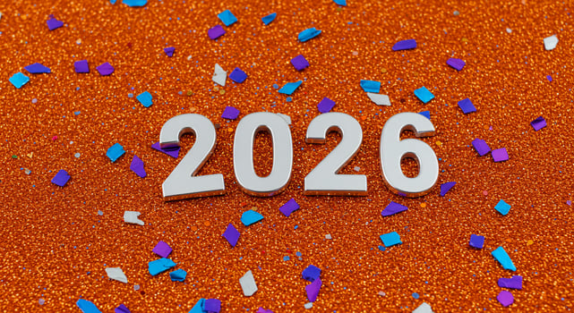 2026 New Year celebration with confetti on glittery orange backdrop, greeting photo