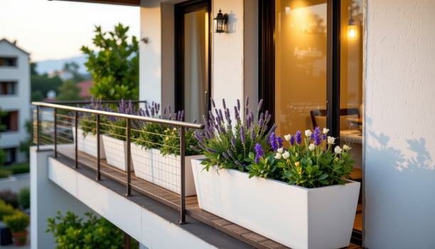 a sleek balcony with metal mesh railing and perfectly aligned white planters of lavender and eucalyptus. photo