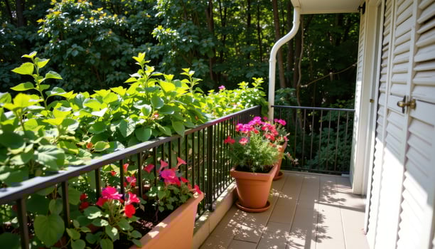 a small shaded balcony with dense foliage beyond the railing and rectangular clay pots filled with begonias and thyme. photo