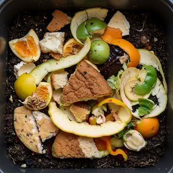 A black container filled with food scraps photo