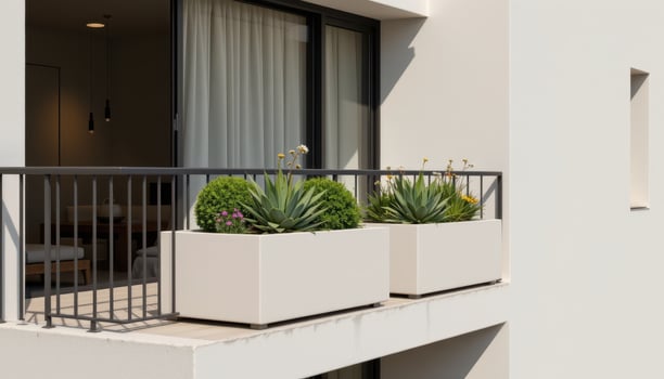 a minimalist architectural balcony with thin metal railings, sharp shadows, and neutral toned planters holding structured succulents and tiny wildflowers. photo