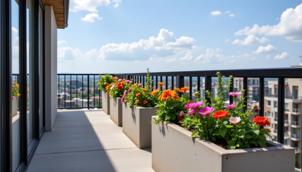 a high rise balcony with sleek black rail and symmetric concrete planters blooming with zinnias, mint, and thyme facing the horizon. photo
