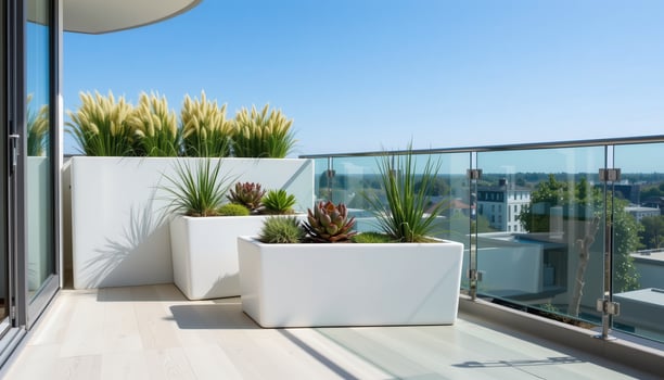 a sleek modern balcony with glass rail and minimalist white planters filled with succulents and ornamental grasses, against a bright blue sky. photo