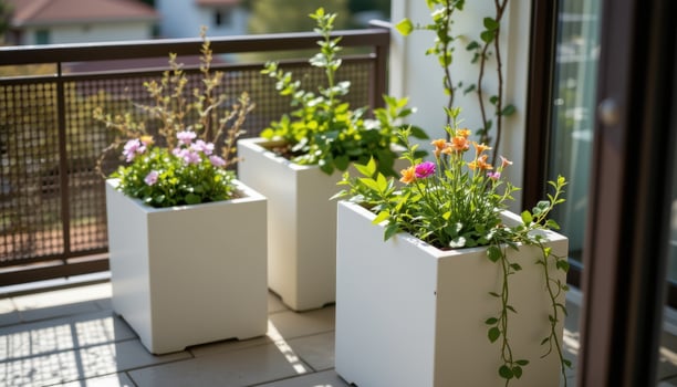 a balcony with perforated metal rail and soft afternoon sunlight illuminating white rectangular planters filled with verbena and creeping rosemary. photo