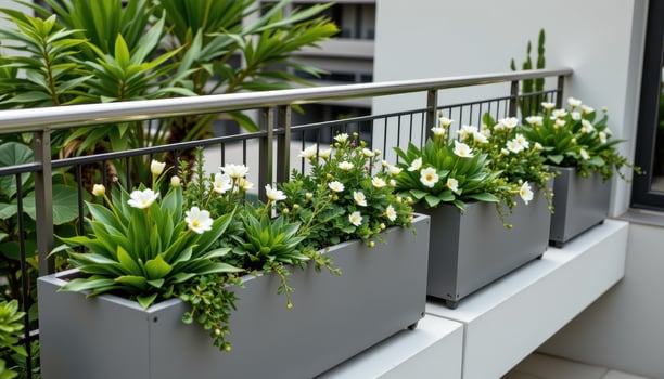 a minimalist urban balcony with sleek rail and identical planters filled with structured green succulents and white flowers. photo