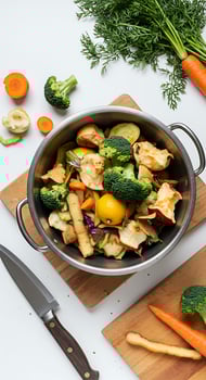 A bowl of vegetables and a knife on a cutting board photo
