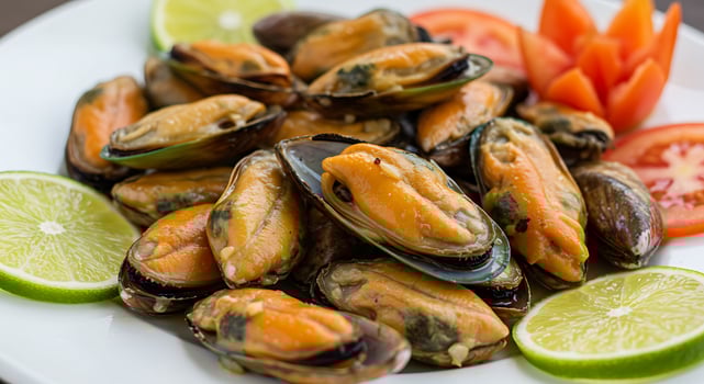 A plate of mussels with lime slices and tomatoes photo