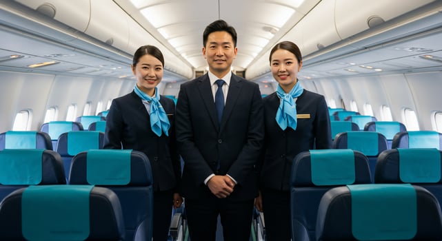 Three asian airline employees standing in an airplane photo