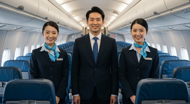 Three asian air hostesses standing in an airplane photo
