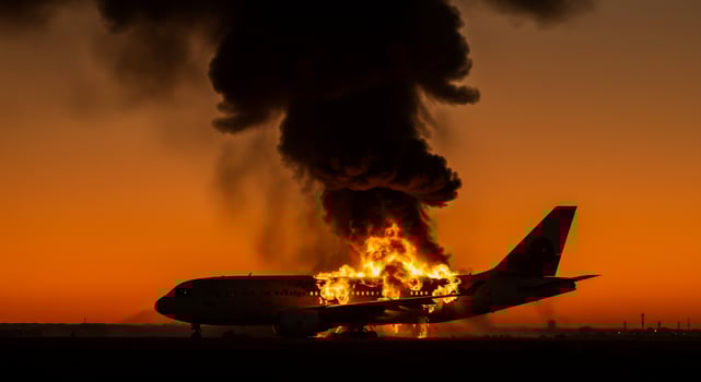 A plane is burning on the runway at sunset photo
