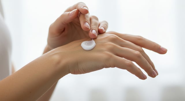 A woman applying cream to her hands photo