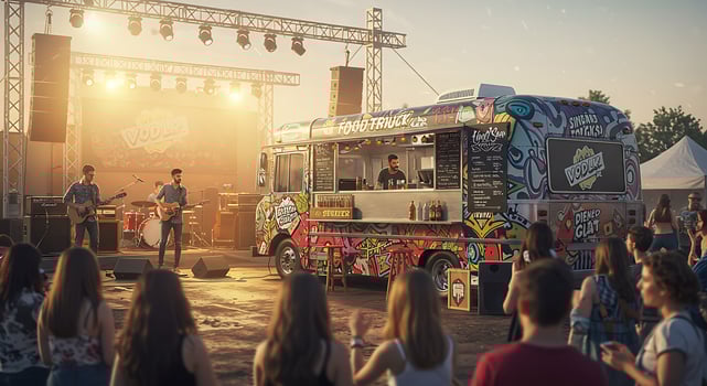 A crowd of people standing around a food truck photo