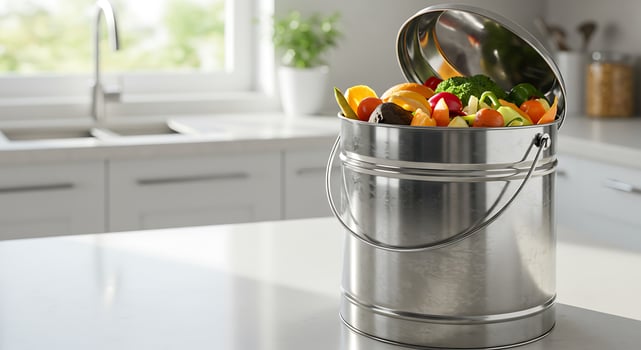 A stainless steel bucket filled with vegetables photo