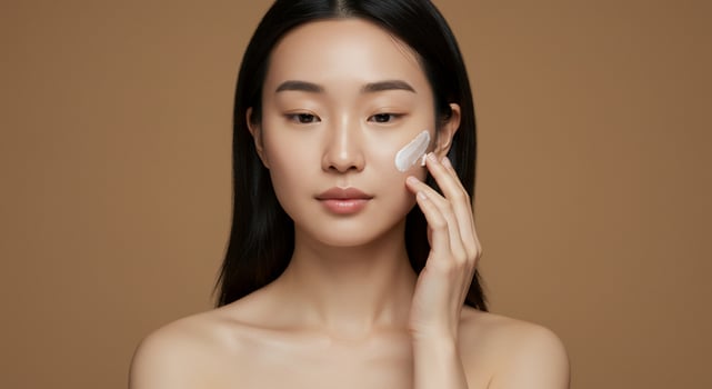 Beautiful asian woman with skin care cream on her face photo