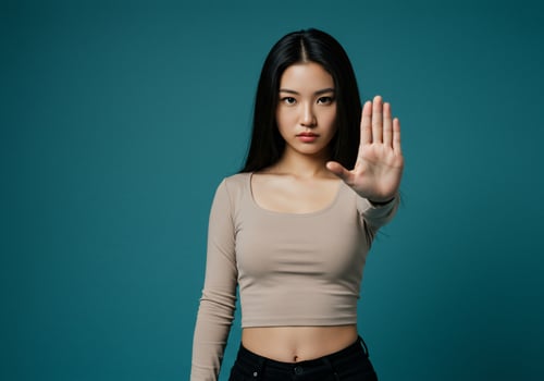 Asian woman gesturing stop against a blue background for safety campaign use photo