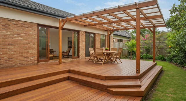 Backyard wooden deck with pergola, table, and chairs. Home improvement concept photo