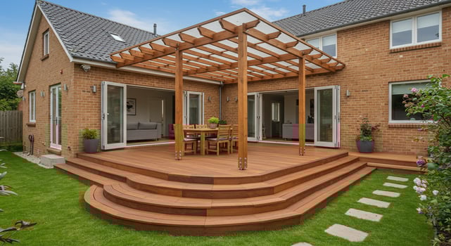 Backyard deck with pergola, table, and seating on grass, open doors to home photo