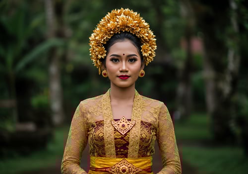 Balinese woman in ceremonial dress in a lush forest, used for cultural events photo