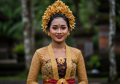 Balinese woman dances at a temple with nature behind, for tourism promotion photo