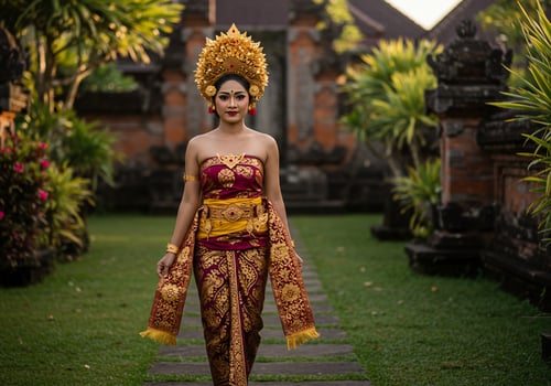 Balinese woman in traditional attire walks in garden of a temple for ceremony photo