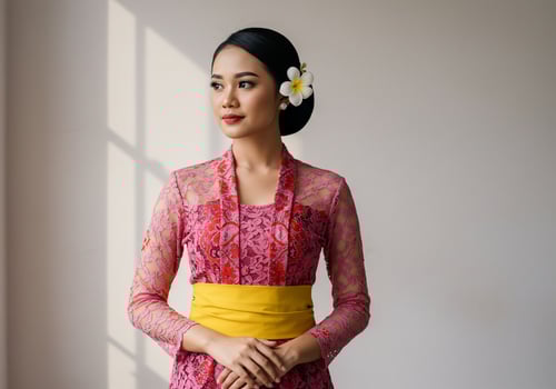 Balinese Woman in Traditional Dress Looks Away Near Window in Studio Setting photo
