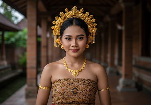 Balinese woman portrait wearing gold headdress in Bali. Beauty concept photo