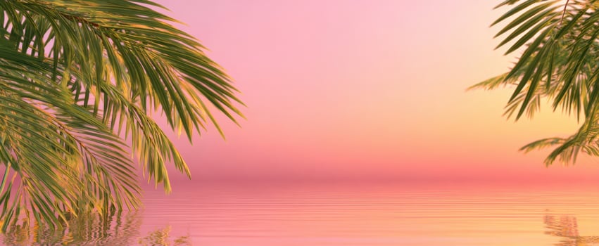 The serene sunset reflected on calm ocean waters framed by lush palms. photo