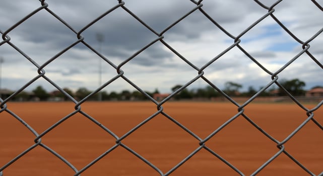 Baseball Field Viewed Through Chain Link Fence Under Cloudy Sky photo