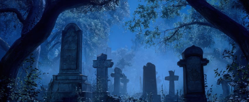 The Mysterious Graveyard Shrouded in Blue Fog Under Moonlight photo