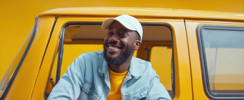 The cheerful man enjoying sunny moments by a yellow van photo